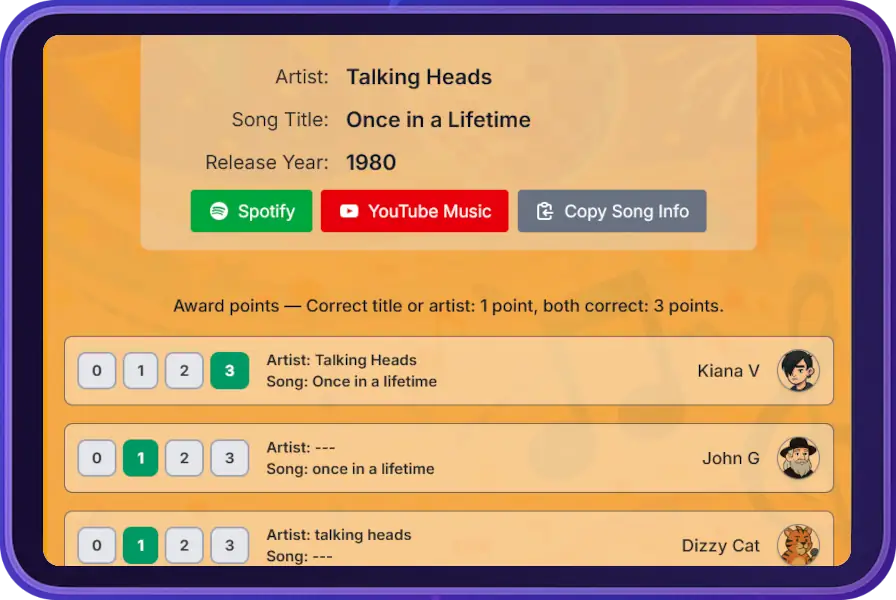Quizically DJ console awarding points to players